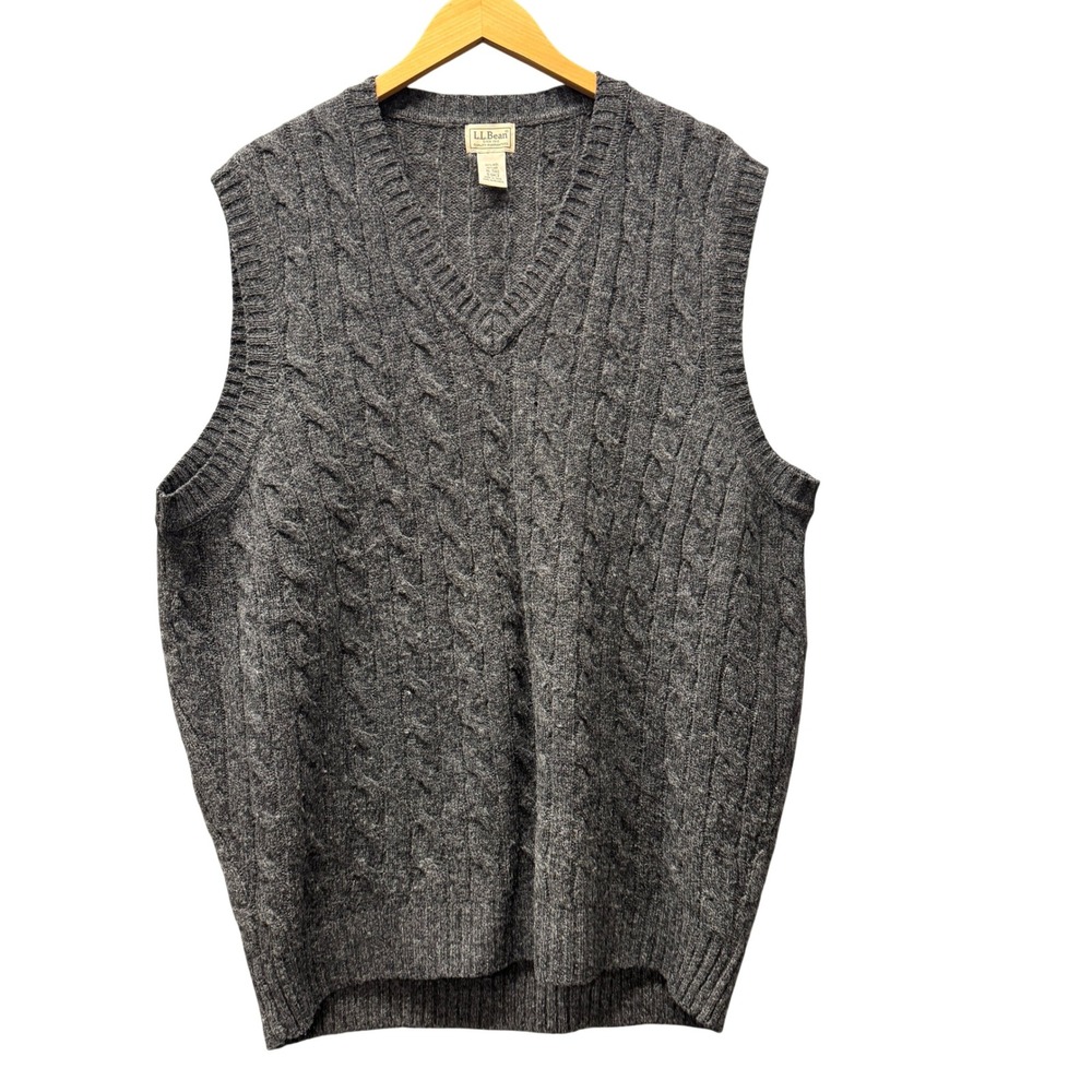 Vintage LL Bean Sweater Vest Mens XL-Tall Shetland Wool Cable Knit Gray V-Neck‎